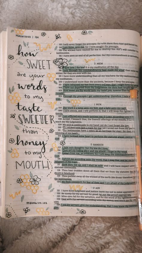 Sweet Words Are Like Honey, Psalm 119 Bible Journaling, Psalm 23 Bible Journaling, Bible Coding, Psalms Bible Journaling, Bible Notecards, Bible Wrecking, Bible Bullet Journaling, Bee Project