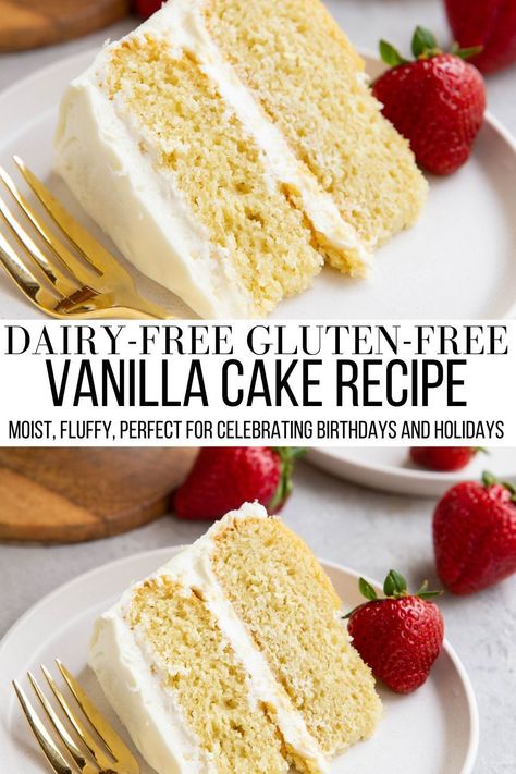 This moist and rich Gluten-Free Dairy-Free Vanilla Cake recipe is perfect for celebrating birthdays and special occasions! Whip it up with your favorite frosting and/or filling for an unforgettable celebration. #cake #glutenfree #vanilla Gluten Free Vanilla Cake Recipe, Gluten Free Dairy Free Cake, Dairy Free Vanilla Cake, Dairy Free Birthday Cake, Dairy Free Cake Recipe, Vegan Gluten Free Cake, Gluten Free Birthday Cake, Vegan Vanilla Cake, Gluten Free Vanilla Cake