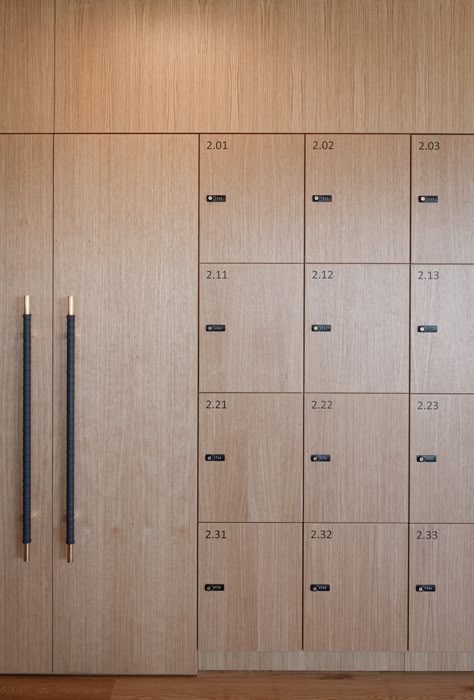 SAS Institute – Paustian Locker Office Design, Locker Room Interior Design, Fitness Studio Interior Design, Locker Interior Design, Spa Lockers, Lobby Storage, Lockers Design, Sas Entree, Wood Lockers