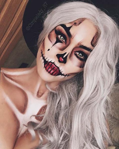 21 Unique Halloween Makeup Ideas from Instagram | Page 2 of 2 | StayGlam Unique Halloween Makeup, Halloween Makeup Clown, Scary Clown Makeup, Sugar Skull Halloween, Creepy Halloween Makeup, Cute Halloween Makeup, Skeleton Makeup, Halloween Makeup Pretty, Cool Halloween Makeup