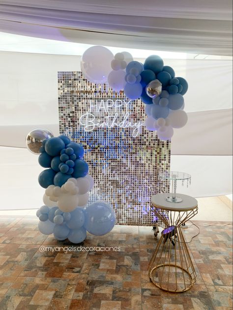 Pool Party Blue Theme, Light Blue And Silver Birthday Decorations, Blue And Silver Bday Decor, Light Blue Party Decorations, Blue And Silver Birthday Decorations, Blue Disco Party, Blue Birthday Theme, Blue Birthday Backdrop, Blue Party Decorations