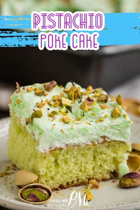 Whipped Cream Frosted Pistachio Poke Cake by callmepmc.com Watergate Cake, Pistachio Pudding Cake, Pistachio Cake Recipe, Homemade Buttercream, Pistachio Recipes, White Cake Recipe, Pistachio Pudding, Torte Cupcake, Moist Cake