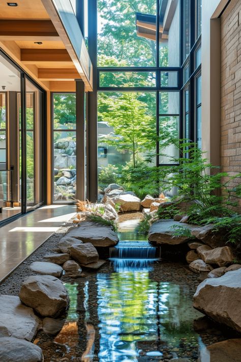 Home Water Features Indoor, Koi Pond Inside House, Pond Inside House, Indoor Onsen, Modern Koi Pond, Koi Pool, Indoor Pond Ideas, Resort Landscape, Indoor Pond