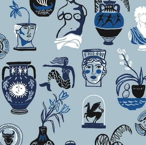 Greek Mythology Prints, Greek Prints Pattern, Greek Illustration Mythology, Greek Mythology Pattern, Mythological Drawings, Greek Mythology Illustration, Mythology Pattern, Greek Graphic Design, Greek Prints