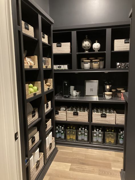 Black Pantry Walls White Shelves, Dark Pantry Shelves, Black Shelves In Pantry, Black Pantry Shelves, Black And White Pantry, Basement Nook, Mudroom Pantry, Black Pantry, Walk In Pantry Ideas