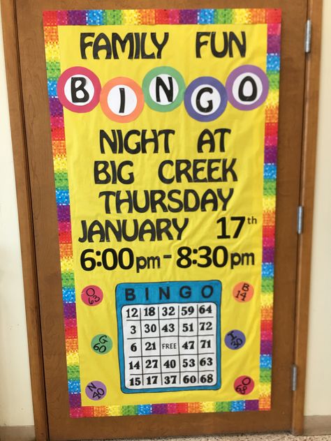 Bingo Night Bulletin Board Ptsa Bulletin Board Ideas, School Bingo Night Fundraiser, Pto Bingo Night, Family Engagement Bulletin Board, Bingo For Books Family Night, Pta Bingo Night, School Bingo Night Ideas, Bingo Night Prizes, Bingo Bulletin Board