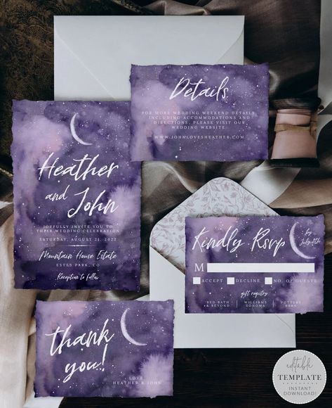 Violet Galaxy Collection Editable Wedding Invitation Suite | Etsy Australia Telegram Invitations, Violet Galaxy, Travel Wedding Invitations, Galaxy Wedding, Vintage Garden Parties, Green Galaxy, Blue Galaxy, Celestial Wedding, Space Wedding