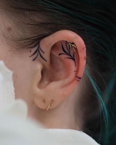 Skull Behind Ear Tattoo, Wrap Around Ear Tattoo, Botanical Ear Tattoo, Fern Ear Tattoo, Abstract Ear Tattoo, Ear Ornamental Tattoo, Vine Ear Tattoo, Ear Vine Tattoo, Ornamental Tattoos For Women