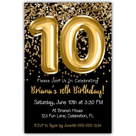 10th Birthday Invitation Gold Balloons Glitter on Black Birthday Party Invite for a 10 Year Old Birthday Invitation Quotes, Birthday Invitations Ideas, Invitation Quotes, Black Birthday Party, 10th Birthday Invitation, 10th Birthday Party, Glitter Balloons, Black Birthday, Free Thank You Cards