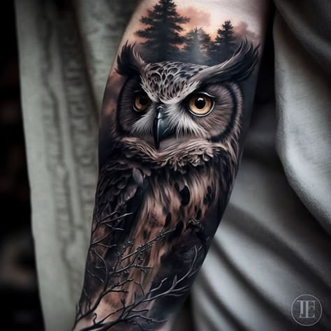 Woods Forearm Tattoo, Owl And Tree Tattoo, Owl Tatoos Men, Owl Tattoos Men, Animal Tattoos For Men Sleeve, Owl Chest Tattoo Men, Owl Cover Up Tattoo, Owl Shoulder Tattoo, Owl Sleeve Tattoo