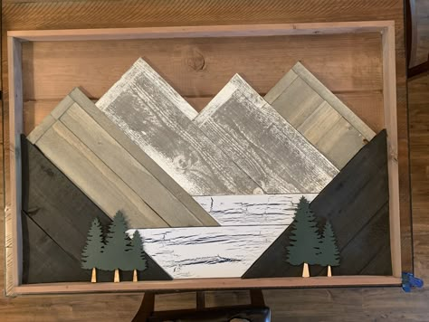 Wood Projects For High School Students, Diy Wood Mantle, Mountain Signs, Fall And Winter Crafts, Wood Lath Art, Wood Scrap Projects, Farm House Furniture, Mountain Sunsets, Lath Art