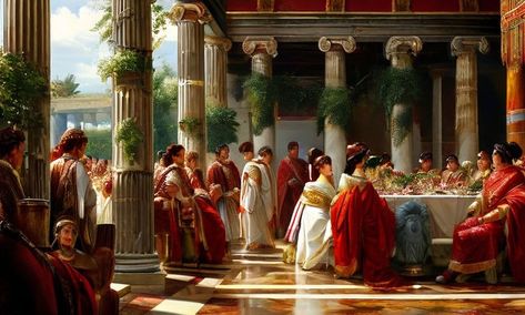 The large-scale weddings of ancient Roman nobles included we... by Cunjiaen Yu - Playground Ancient Rome Wedding, Ancient Roman Wedding, Roman Wedding, Roman Culture, Rome Wedding, Brown Hair Inspo, Classical Antiquity, Romantic Scenes, Roman Art