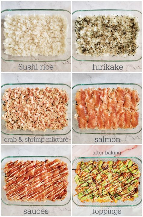 Tuna Sushi Bake Recipe Easy, Sushi Bake Recipe Easy Crab And Salmon, Sushi Bake With Tuna, Gluten Free Sushi Bake, How To Make Sushi Bake, Air Fryer Sushi Bake, Sushi Bake With Shrimp, Salmon Sushi Bake Recipe Easy, Shrimp Sushi Bake Recipe