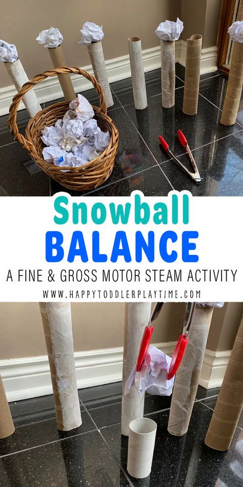 Snowball Balance: Winter STEM - HAPPY TODDLER PLAYTIME Snow Math Activities For Toddlers, Winter Solstice Toddler Activities, Indoor Snow Activities For Toddlers, Inside Winter Activities For Kids, Reggio Inspired Winter Activities, Toddler Winter Animal Activities, Winter Themed Social Emotional Activities, Kids Winter Activities Indoor, Christmas Large Motor Activities Kids