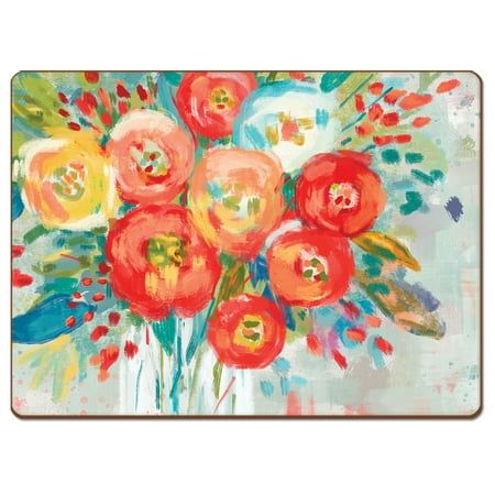 Cala Home "Coral Floral" Premium Decorative Hardboard Cork Back Tabletop Placemats. Set of 4 Decorative Hardboard Placemats with a Cork Backing. Placemats arrive in elegant gift box that can also be used to store them. Made with a layered construction. The surface of the mats is coated with protective lacquer. Heat resistant to 212 degrees Fahrenheit. The art is laminated to a wood composite layer. A soft cork backing protects the table surface from scratches. - Beautiful artistic design allow t Hardboard Placemats, Outdoor Eating Area, Decorative Placemats, Outdoor Eating, Table Top Design, Pallet Art, Composite Wood, Linen Placemats, Placemat Sets