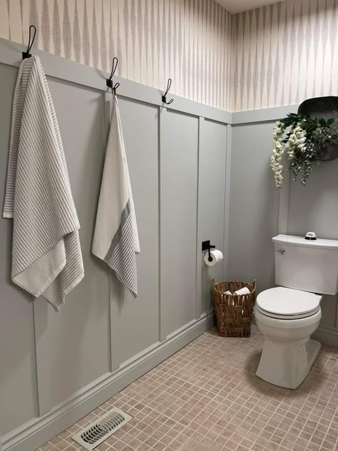 Tile And Board And Batten Bathroom, Gray Board And Batten Bathroom, Tall Board And Batten Bathroom, Bathroom Wainscotting With Hooks, Wayne’s Coating Wall, Bathroom Waynes Coating Ideas Modern, Wall Trim In Bathroom, Wall Moulding Ideas Bathroom, Blue Board And Batten Bathroom