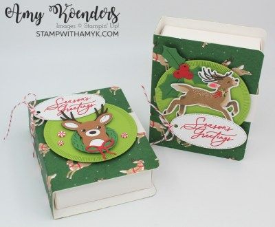 Stampin’ Up! Greetings Of The Season Book Treat Boxes With Video Tutorial Stampin Up Christmas Book Treat Boxes, Stampinup Book Treat Boxes, Mini Pizza Boxes Stampin'up, Christmas Papercraft Ideas, Su Treat Boxes, Stampin Up Book Box Treat Holder, Book Treat Boxes, Stampin Up Boxes Tutorial, Stampin Up Boxes Treat Holder