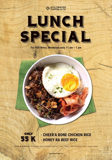 Lunch Special for Promo Menu September 2018 Poster By STILLWATER COFFEE & CO Jakarta Special Menu Poster, Lunch Poster Design, Lunch Poster, Menu Breakfast, Menue Design, Business Lunch, Beach Lunch, Summer Lunch, Beef And Rice