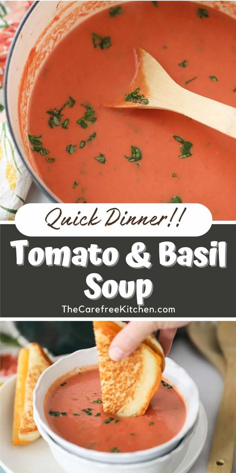 This Quick Tomato Soup Recipe is full of flavor and can be made in just about 20 minutes. Loaded with tomatoes and basil, it’s the perfect soup to serve with a grilled cheese sandwich on a chilly day. #thecarefreekitchen #basil #tomato #soup #tomatosoup #quicksoup #20minutesoup #comfortfood Tomato Soup For 2, Basil Tomato Soup Recipe, Vegetable Soup With Tomato Sauce, Simple Tomato Basil Soup, Italian Tomato Soup Recipes, Tomato Soup Using Tomato Sauce, Tomato Soup From Tomato Juice, Tomato Soup From Tomato Paste, Tomatoes Basil Soup