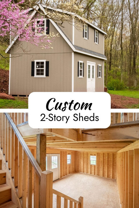 a Custom 2-story workshop shed built by Sheds Unlimited Double Shed House, 2 Story Shed To House Conversion, Two Story Shed House Floor Plans, 2 Sheds Connected House, Shed Conversion Ideas Tiny House, Home Shed Ideas, Two Story Shed House, 2 Story Shed House, Storage Shed House