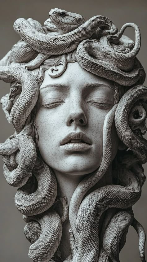 Ramin Nasibov (@RaminNasibov) on X Medusa Artwork, Metamorphosis Art, Greek Mythology Statue, Greek Tattoo, Michelangelo's David, Medusa Tattoo Design, Medusa Art, Medusa Gorgon, Statue Tattoo