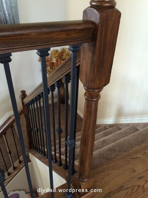 Railings Stairs, Wood Banister, Basement Diy, Stairs Diy, Diy Stairs Makeover, Stair Railing Makeover, Iron Stairs, Diy Stair Railing, Stairs Railing