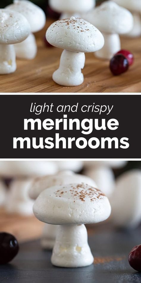 Mushroom Themed Food, Yule Desserts, Marzipan Mushrooms, Dnd Recipes, Christmas Yule Log Cake, Meringue Recipes, Gooey Desserts, Meringue Mushrooms, Christmas Yule Log