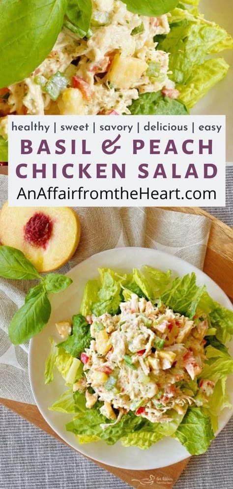 Chicken Salad On Lettuce, Peach Chicken Salad Recipes, Fun Chicken Salad Recipes, Chicken Salad Bar Ideas, Unique Chicken Salad Recipes, Different Chicken Salad, Peach Chicken Salad, Basil Chicken Salad, Chicken Salad Chick