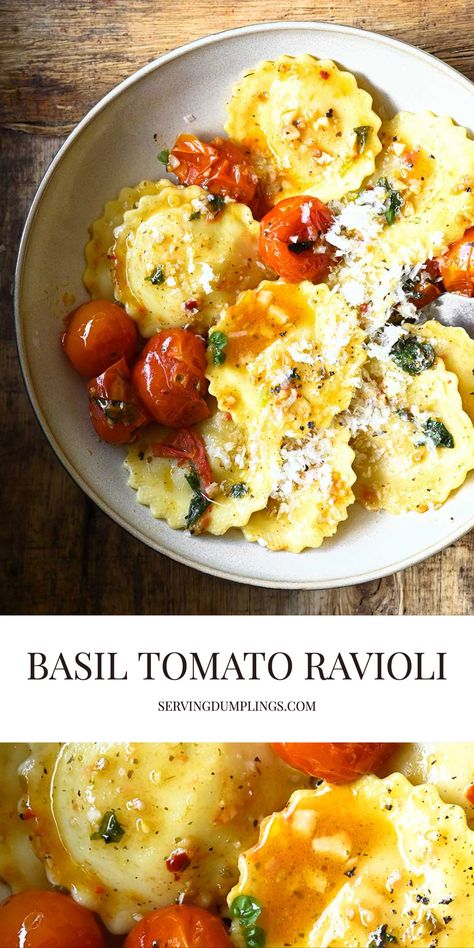 Ravioli With Fresh Tomatoes, Tomato Basil Ravioli, Basil Ravioli Recipe, Cherry Tomato Ravioli, Ravioli With Tomato Sauce, Traditional Ravioli Recipe, Ravioli With Cherry Tomatoes, Sauteed Ravioli Recipe, Summer Ravioli Recipe