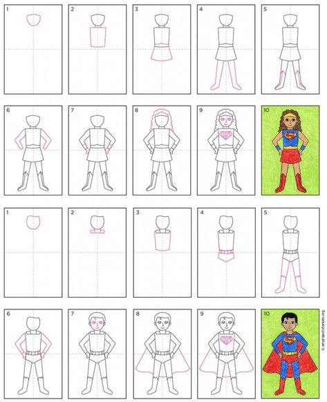 How to Draw a Superhero · Art Projects for Kids Superhero Drawing, Dinosaur Classroom, Superhero Art Projects, Superhero Coloring Pages, Superhero Crafts, Superhero Classroom, Drawing Superheroes, Superhero Coloring, 2nd Grade Art