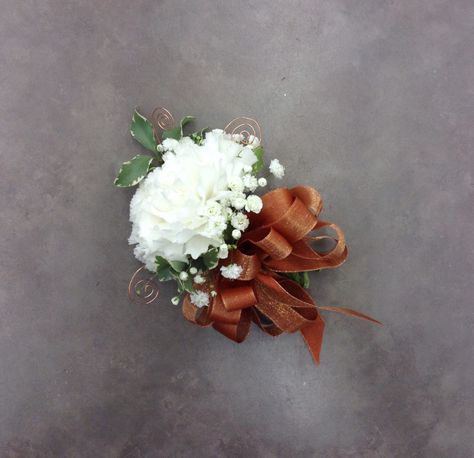 White Carnation Corsage, Copper Corsage, Carnation Corsage, White Corsage, White Carnation, Bride Headpiece, Prom Flowers, Prom Ideas, Flower Crowns