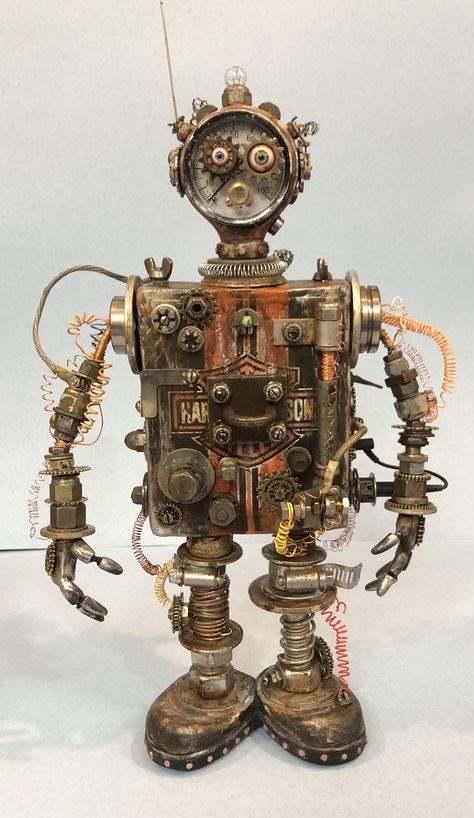 Steampunk Robot Concept Art, Steam Punk Robot, Recycle Robot, Junk Robot, Steampunk Aviator, Tin Can Robots, Steampunk Mixed Media Art, Steampunk Robots, Steampunk Illustration