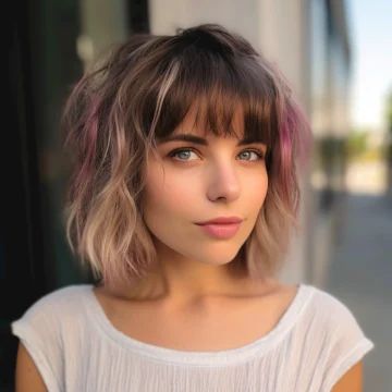 Shaggy Bob with Peek a boo Bangs scaled Brunette Shaggy Bob With Bangs, Shaggy Crop With Choppy Bangs, Grunge Bob With Bangs, Shag Bob With Bangs, Beachy Bob With Bangs, Red Shaggy Bob With Bangs, Modern Shag Haircut, Rocker Hair, Messy Bob Hairstyles