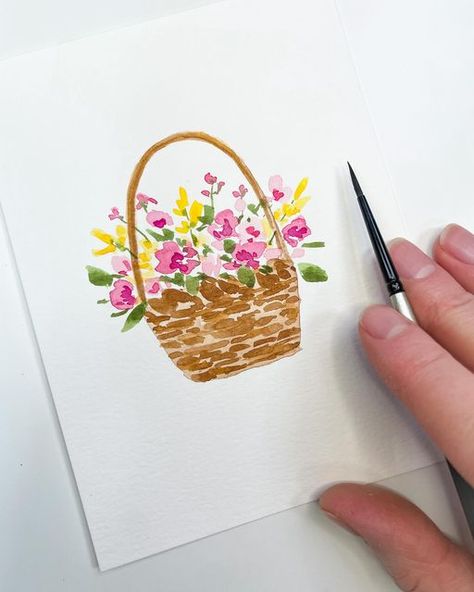 Easter Flower Basket, Watercolor Basket, Basket Watercolor, Watercolor And Acrylic, Easter Flower, Flowers Card, Acrylic Artists, Easter Flowers, Watercolour Art