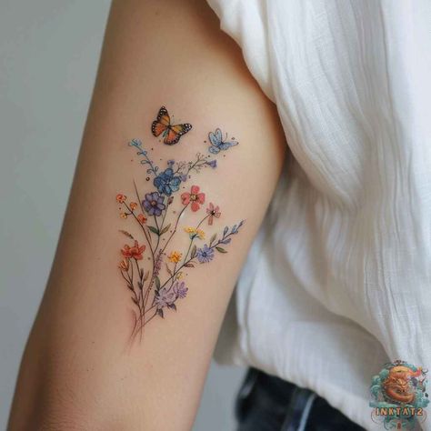 Unleash Your Summer Style: The Hottest Tattoo Trends of the Season: 142 Designs - inktat2.com Flower Daughter Tattoo, Cool Floral Tattoos, Floral With Butterfly Tattoo, New Tattoo Ideas For Women Unique, Fine Line Tattoo Color, Flower Tattoos Colorful, Pollinator Tattoo, Flower Tatoos Woman, Allium Tattoo