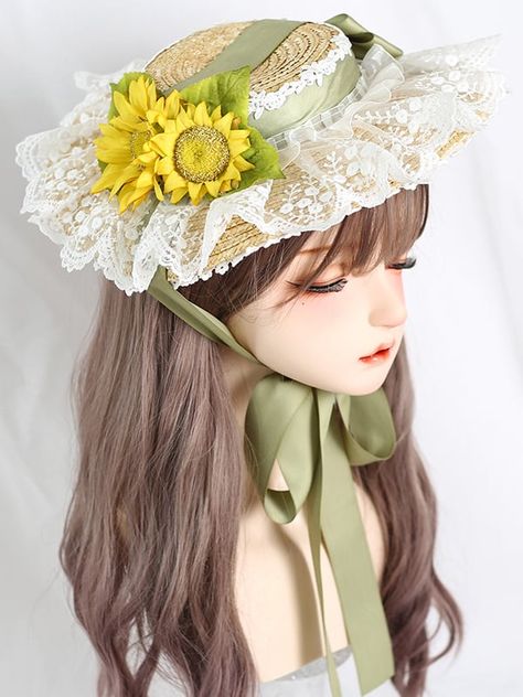 This price is for a hat only.   	 		 			Size 			Free Size 		 		 			Diameter 			32 		 		 			Height 			4.5 Topi Vintage, Country Lolita, Sunflower Hat, Floral Hat, Sunflower Design, Floral Accessories, Picture Sizes, Lolita Fashion, Straw Hat