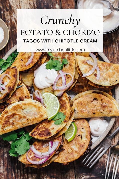 These Crispy Chorizo and Potato Tacos come with a smoky, garlicky cream that perfectly sets off the spicy filling. Tangy, flavorful chorizo sausage and stock-simmered potatoes make an incredible filling for these tiny, crispy tacos. #tacos #mexican #chorizo #chipotle Chorizo And Potato Recipes, Chorizo Y Papas Tacos, Chorizo Sweet Potato Tacos, Ground Beef And Chorizo Tacos, Chorizo Potato Recipes, Soy Chorizo Tacos, Beef And Chorizo Tacos, Ground Turkey Chorizo Recipe, Pork Chorizo Recipes Dinners