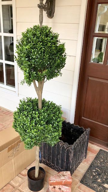 My favorite faux topiary for Outside - Eleven Gables Porch Topiary, Boxwood Planters, Faux Outdoor Plants, Porch Planter Ideas, Faux Topiary, Front Door Plants, Front Door Planters, Front Porch Plants, Porch Trees