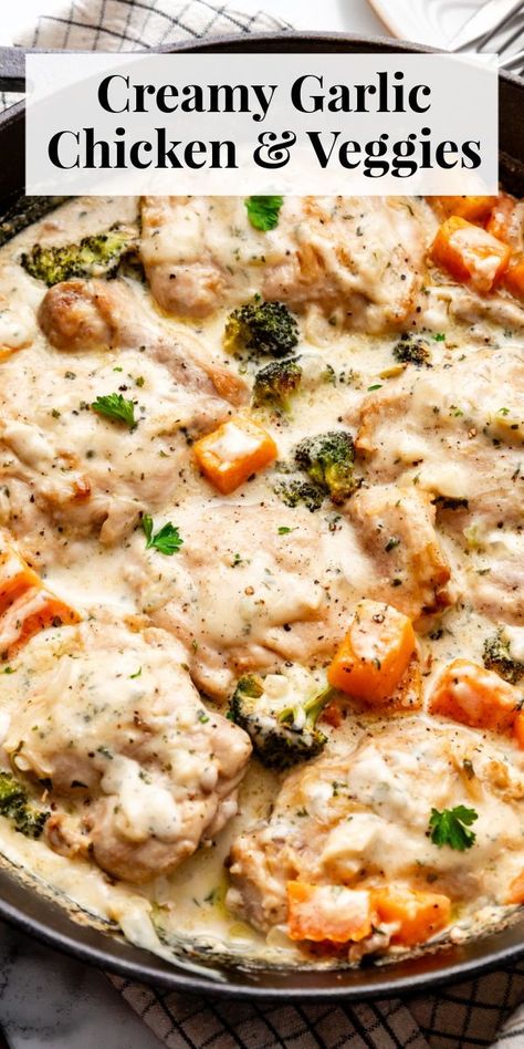 Creamy Garlic Chicken And Veggies, Slow Cooker Creamy Garlic Chicken And Veggies, Creamy Chicken And Veggies, Low Carb Creamy Garlic Chicken, Chicken And California Blend Veggies, Chicken In Creamy Garlic Sauce, Dice Chicken Recipes, Creamy Chicken And Vegetables, Chicken Breast Recipes With Vegetables