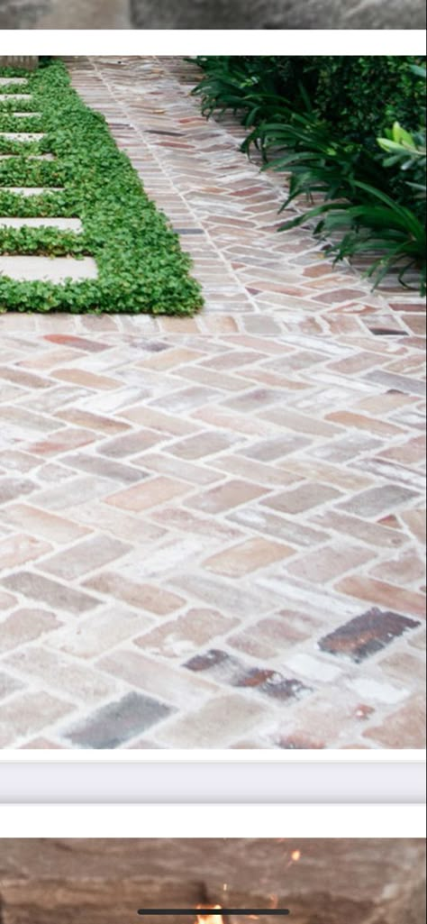 White Washed Brick Walkway, Coastal Outdoor Pavers, Front Yard Pavement Ideas, Whitewash Brick Patio, White Washed Brick Patio, Recycled Brick Driveway, Checkerboard Pavers Backyard, Brick Paving Ideas Outdoor, Red Brick Landscaping Ideas