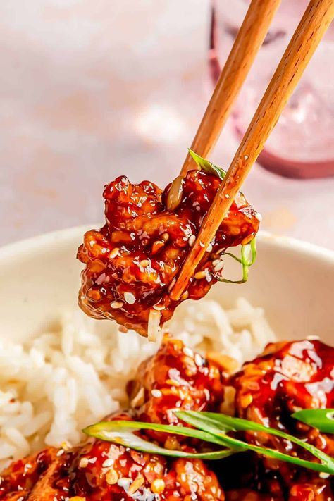 General Tso's Chicken | Table for Two® by Julie Chiou Fried Chicken Pieces, Chicken Table, Poulet General Tao, Deep Fried Chicken, General Tso's Chicken, Tso Chicken, General Tso Chicken, Sweet And Spicy Sauce, General Tso