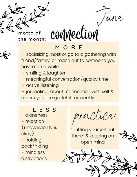 use this sheet as a reminder all month, print it out/Pin it, set your own goals! June, connection, monthly goals, monthly motto, healthy living, growth mindset, self-development Commit30 Monthly Goals, Monthly Reminders, Monthly Focus Ideas Planner, Journal Monthly Goals, This Months Goals, Monthly Focus Ideas, June Goals, Monthly Motto, August Goals