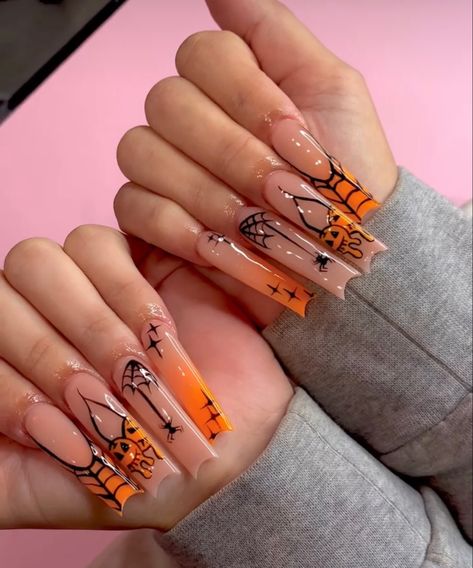 Holloween Nails 2022 Long, Holloween Nails Orange, Halloween Nails Black Women, Halloween Nails Acrylic Orange, Halloween Nail Inspo 2023, Extra Fall Nails Acrylic, Fall Nails Long Acrylic, Halloween Nails Tapered Square, Halloween Nails 2023 Square