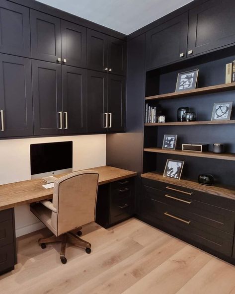 Office With Black Cabinets, Cabinet Interior Office, Drayton House, Office Wall Cabinets, Pantry Desk, Black Corner Desk, Study Lounge, Home Office Dark, Room 101