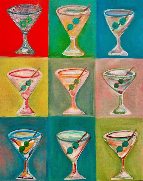 This poster is bright and fun! It makes for perfect bar cart art, or serves as an accent piece, bringing a splash of color into any room. The painting itself is oil paint on canvas, and the prints are derived from the original painting. Bright Colorful Posters, Painted Posters For Room, Pop Of Color Art, Fun Poster Ideas, Bar Cart Painting Ideas, Bar Cart Artwork, Posters To Paint, Bar Painting Ideas, Aesthetic Paintings For Room