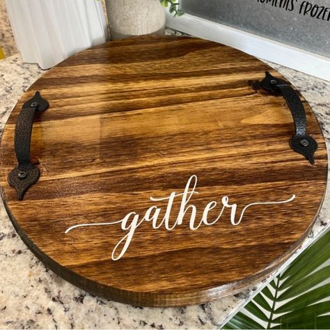 Handmade Wood Tray Charcuterie Board With Metal Handles 12” Round Gather Wood Slice Charcuterie Board, Wood Rounds Crafts, Charcuterie Board Tray, Wine Serving Trays, Circle Signs, Tray Charcuterie Board, Round Wood Tray, Wood Charcuterie Board, Rustic Serving Trays