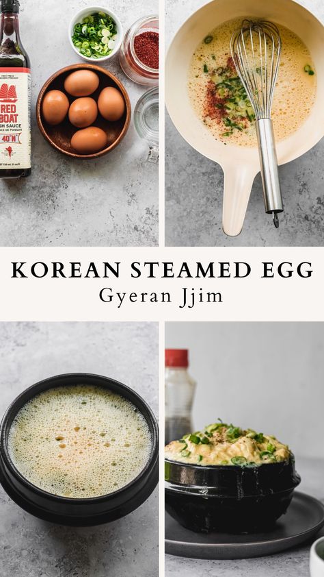 how to steps to make Korean steamed egg or gyeran jjim Korean Steamed Egg Microwave, Steam Eggs Chinese, Steamed Egg Recipe, Korean Egg Souffle Recipe, Korean Steamed Egg Recipes, Korean Steam Egg Recipe, Japanese Eggs, Korean Steamed Eggs, Steam Egg Recipe