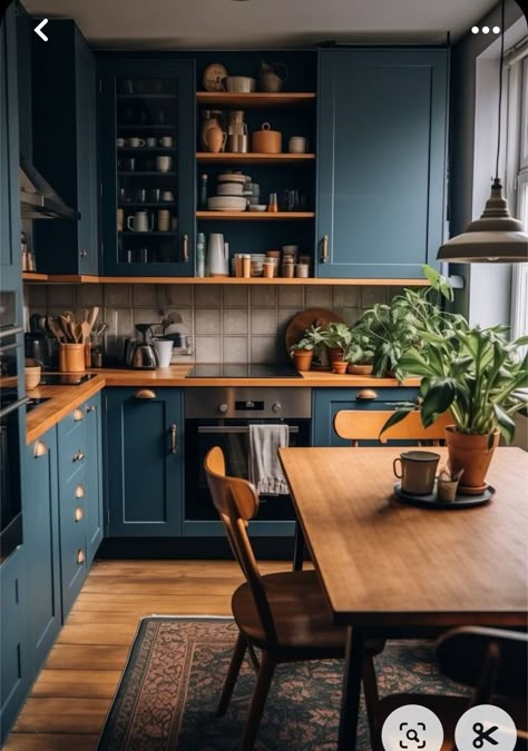 Dark Blue Kitchen Cabinets, Blue Kitchen Furniture, Yellow Kitchen Cabinets, Dark Blue Kitchens, Blue Kitchen Cabinets, Rustic Modern Kitchen, Blue Cabinets, Rustic Farmhouse Kitchen, Blue Kitchen