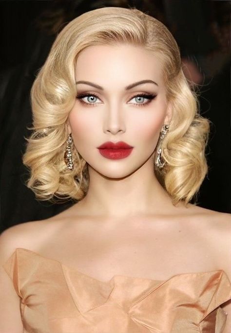 Retro Bridal Updo, Old Hollywood Glam Hair And Makeup, Short Hair Styles For Gala Night, Wedding Makeup Dramatic Eyes, 1920s Glam Makeup, 1920s Wedding Makeup, Prom Blonde Hairstyles, 1920s Makeup Authentic, Vintage Waves Hair Short