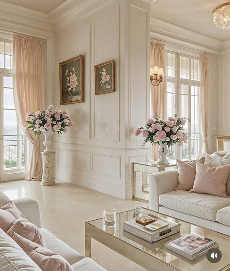 Shabby Chic Entertainment Center, Princesscore Living Room, Old Money House Interior, Luxury Living Room Old Money, Mother In Law House, Old Money Bedroom Aesthetic Pink, Coquette Apartment Exterior, Small Cottage House, Coquette Mansion Exterior